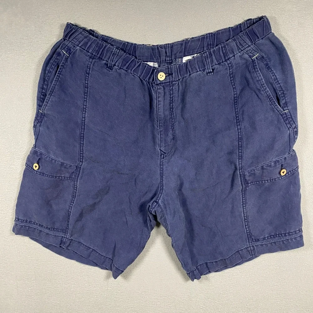 Tommy Bahama Cargo Shorts Mens XL Blue Linen Tencel Relax Elastic Waist Pocket